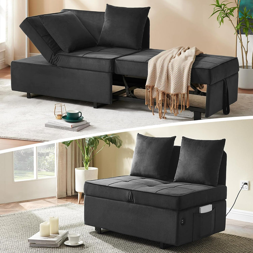 Sofa Bed 4-in-1 Convertible pull out Couch, Velvet Love seat Couch Sleeper Chair Bed with 2 Throw Pillow, Single Recliner with 5 Adjustable Backrests for Living Room Apartment Small Space, Dark Grey