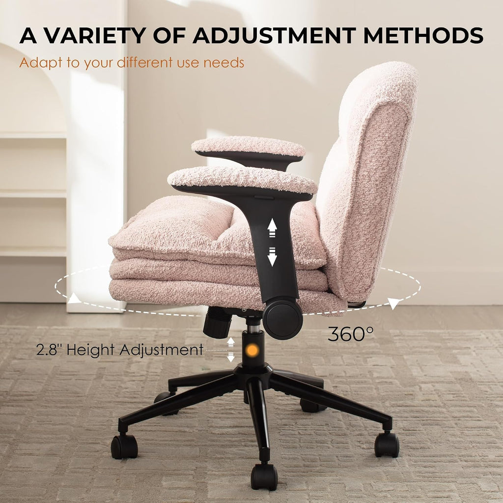 Dowinx Criss Cross Chair with Adjustable Flip-up Arms and Wheels, Comfort Ergonomic Office Desk Armchair with 3 Layer Cushions, Wide Seat Vanity Chair for Home Office, Living Room, Bedroom, Pink