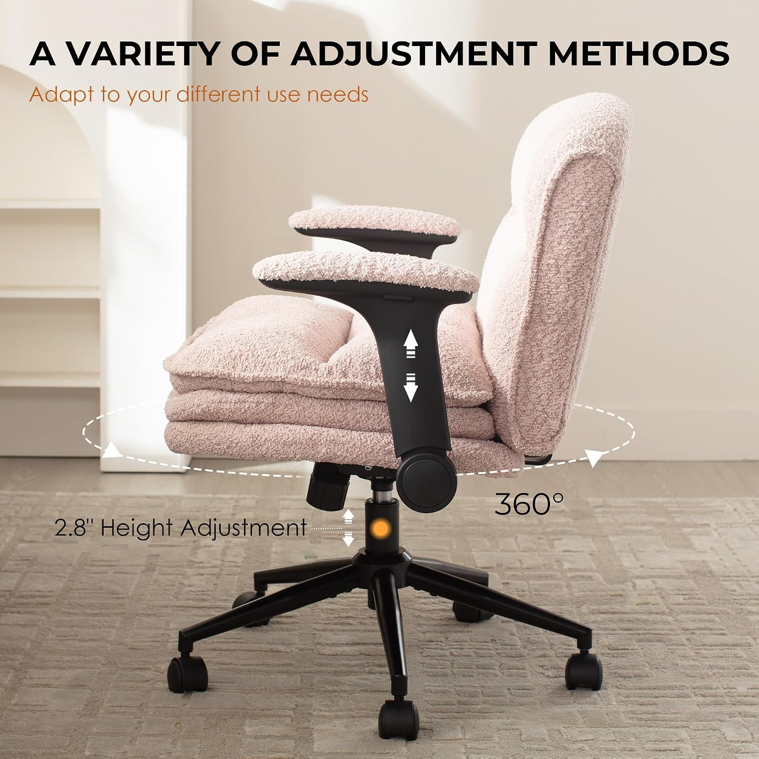 Dowinx Criss Cross Chair with Adjustable Flip-up Arms and Wheels, Comfort Ergonomic Office Desk Armchair with 3 Layer Cushions, Wide Seat Vanity Chair for Home Office, Living Room, Bedroom, Pink