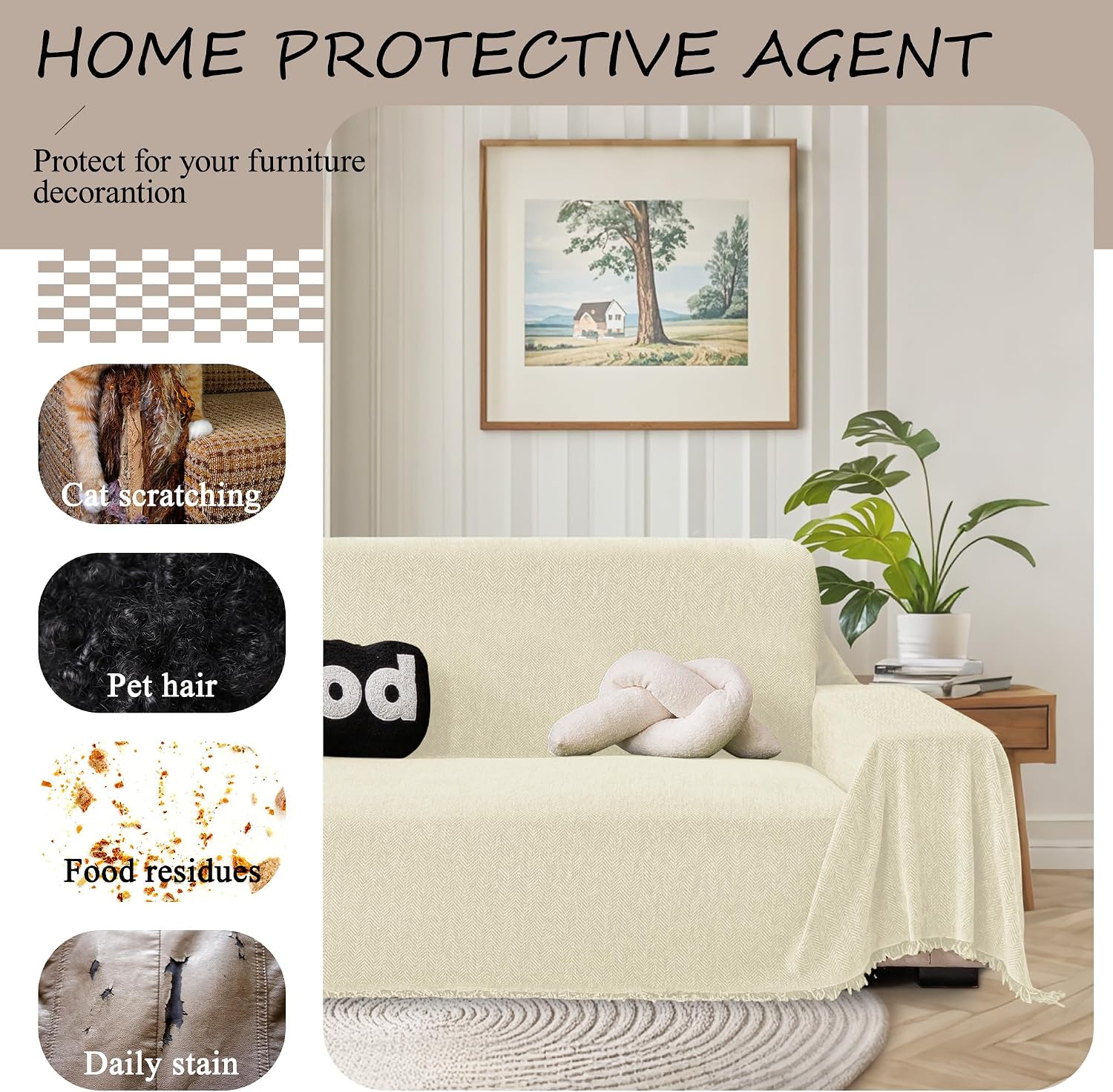 ALIECOM Corner Sectional Couch Covers L Shape Sofa Cover with Tassel Chenille Soft Thick U Shaped Sectional Slipcovers Washable Furniture Protector for Pets Dogs Cats (Beige, 91x251 Inch)
