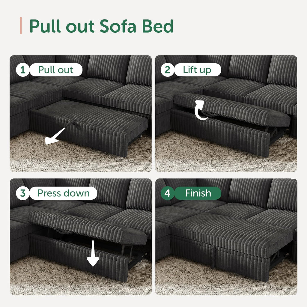 HONBAY Modular Sectional Sleeper Sofa with Pull Out Bed,Corduroy L Shaped Couch with Storage, Sectional Couches for Living Room,Dark Grey