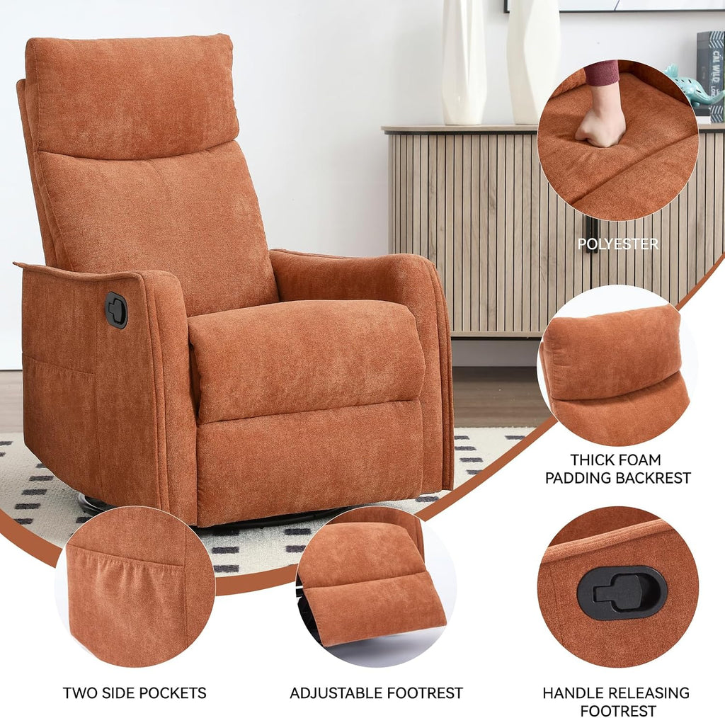 Massage Chair Recliner with Heat, 360° Swivel Glider Rocker with Reclining Backrest and Footrest, Manual Lazy Boy Recliners for Adults, Modern Nursery Rocking Chairs (Orange)