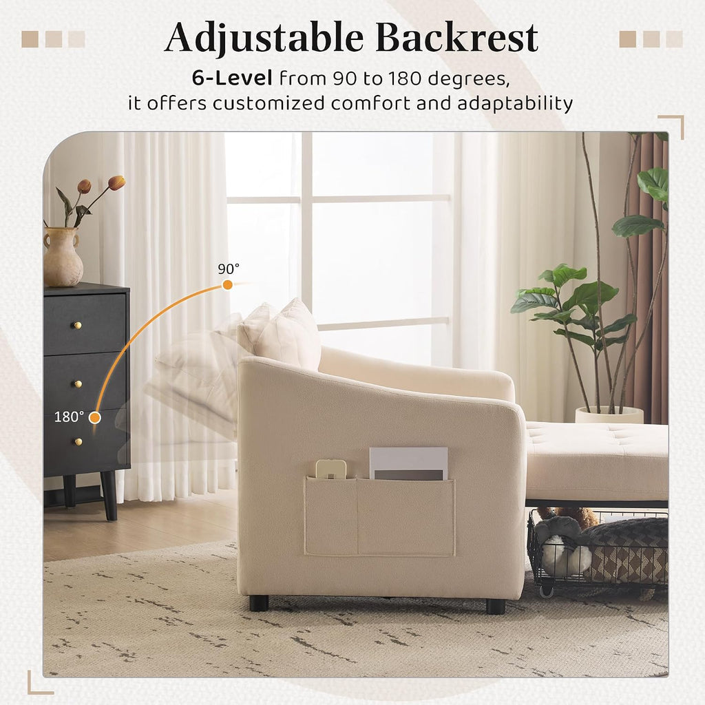 Bezseller Sleeper Sofa Chair Bed, 3-in-1 Convertible Sleeper Chair with Storage Drawer, Pull Out Couch with Side Pocket, Pillow, and Adjustable Backrest, for Living Room Bedroom Apartment, Beige