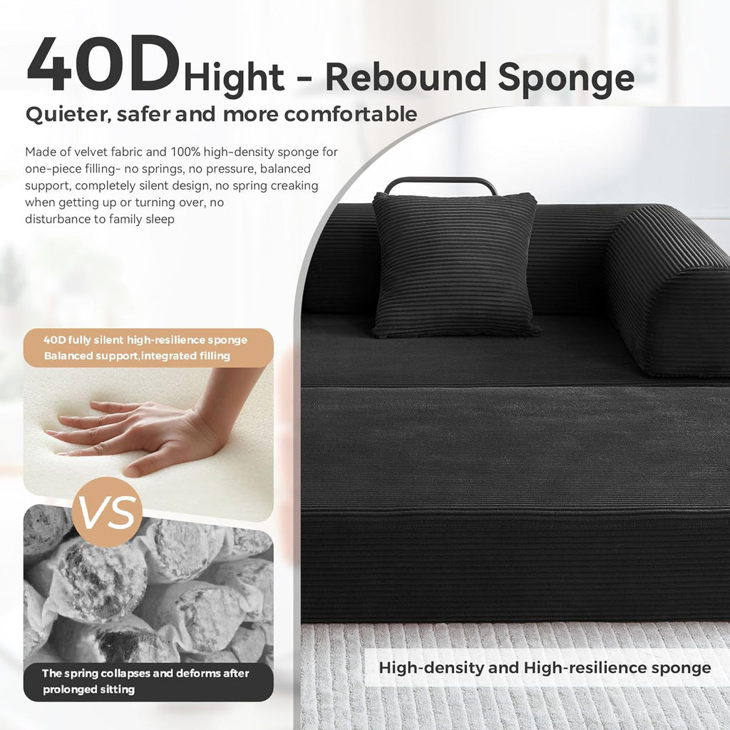 Convertible Sleeper Bed with 2 Cylindrical Pillow, Comfy Foldable Bed Compressed Sofa in Box, Floor Sofa Lounge Couch for Living Room Bedroom Lounge Studio, Tool-Free Assembly (Black)