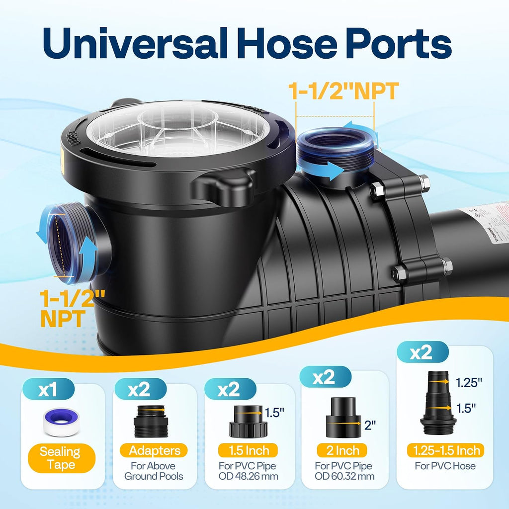 VIVOHOME 1.5 HP 6500 GPH Powerful Copper Motor Dual Voltage Self Primming in/Above Ground Swimming Pool Pump w1.25'' & 1.5' & 2.0'' Unions Energy Saving w/Strainer Basket
