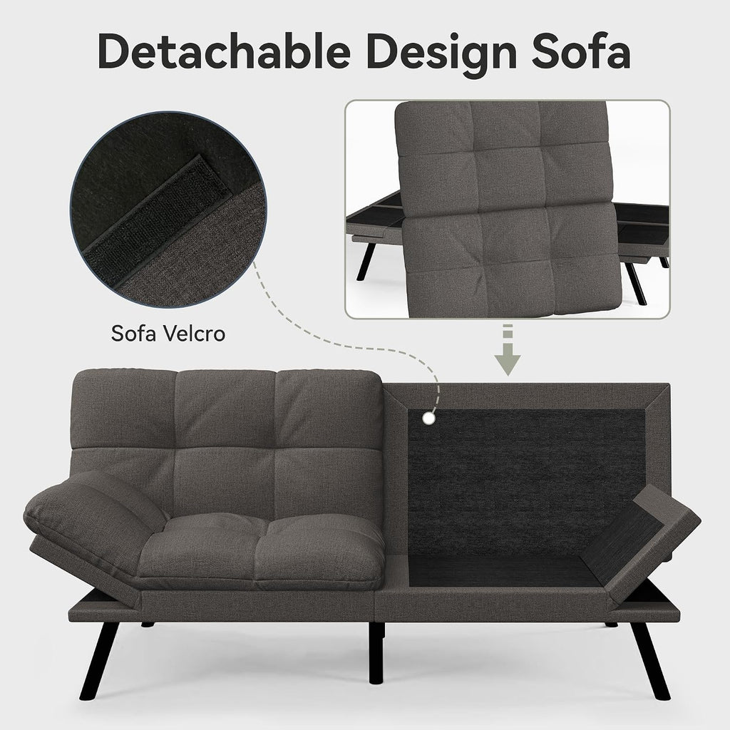 Convertible Futon Sofa Bed,71' Memory Foam Futon Couch,Detachable Cushion,Adjustable Backrest & Armrest,Linen Modern Loveseat Sleeper Recliner for Living Room,Office,Apartment,Classic Grey