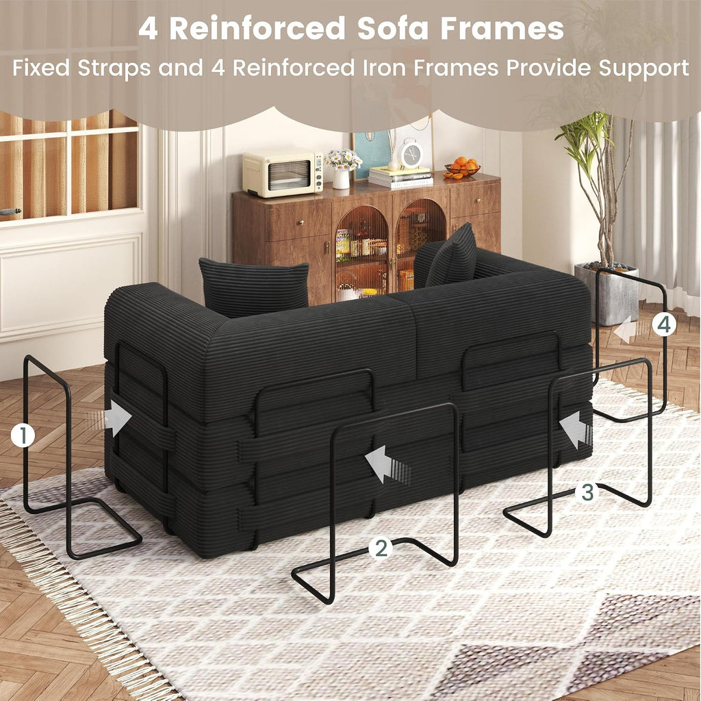 80' Convertible Sofa Bed, 5 in 1 Modular Boneless Couch Sleeper Sofa Bed with Fixed Frame & Removable Backrest Pillow, Washable Corduroy Futon Sofa Bed Couch in a Box for Small Spaces, Dark Black