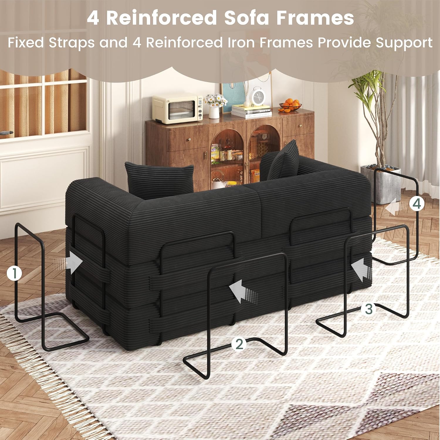 80' Convertible Sofa Bed, 5 in 1 Modular Boneless Couch Sleeper Sofa Bed with Fixed Frame & Removable Backrest Pillow, Washable Corduroy Futon Sofa Bed Couch in a Box for Small Spaces, Dark Black