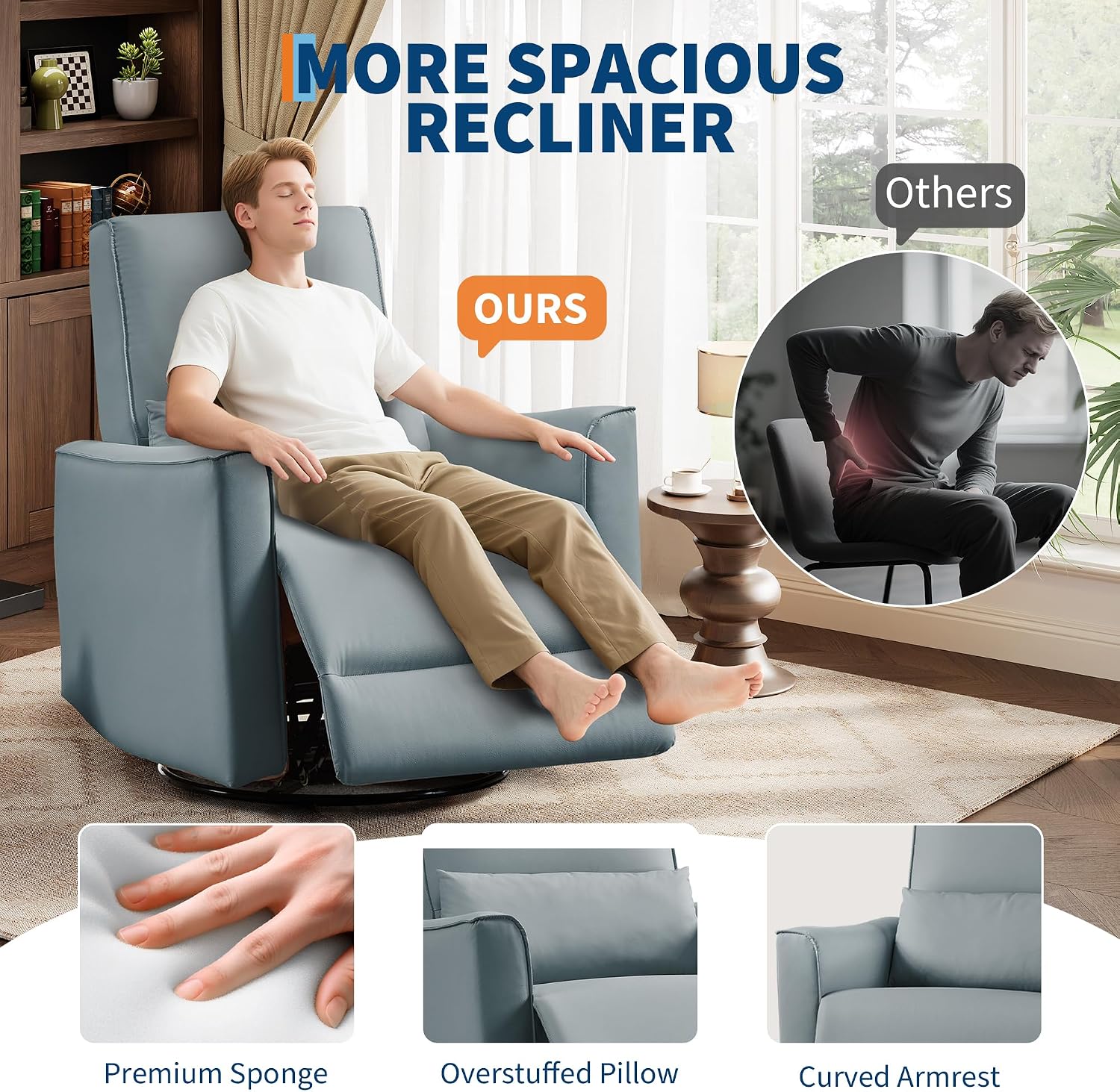 IDEALHOUSE Swivel Rocking Nursery Recliner Chair Rocker Recliner Glider Deep Seat PU Leather Sofa Chair with high Backrest for Nursery, Living Room, Bedroom & Home Movie Theater (Gray)