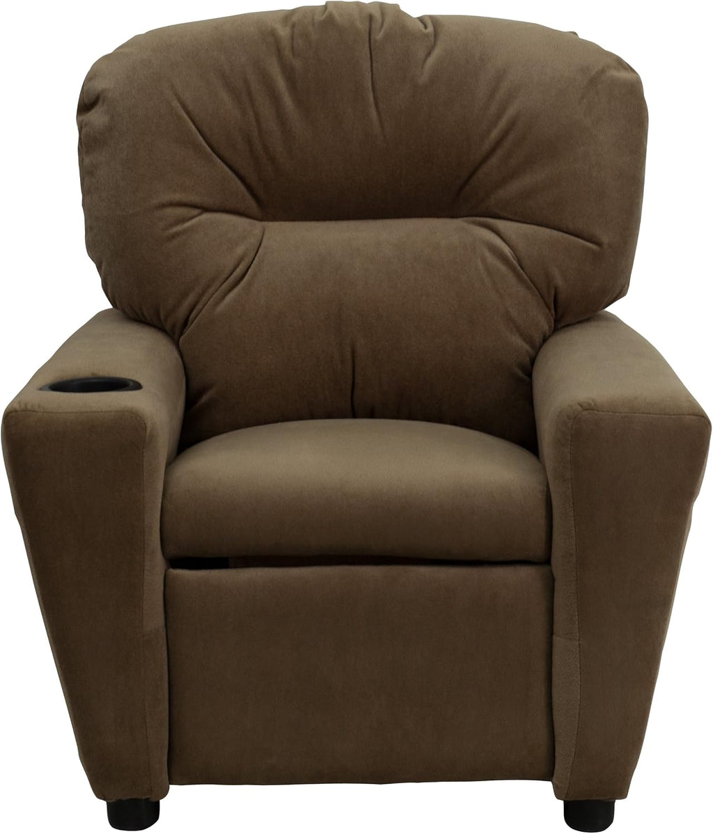 Flash Furniture Chandler Microfiber Kids Recliner with Cup Holder and Safety Recline, Contemporary Reclining Chair for Kids, Supports up to 90 lbs., Brown