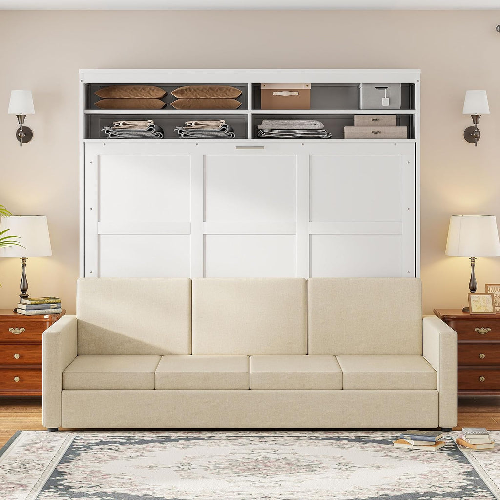 Merax Queen Size Murphy Bed, Wooden Queen Murphy Bed with Sofa and Cushion, Wall Bed with Shelves, White