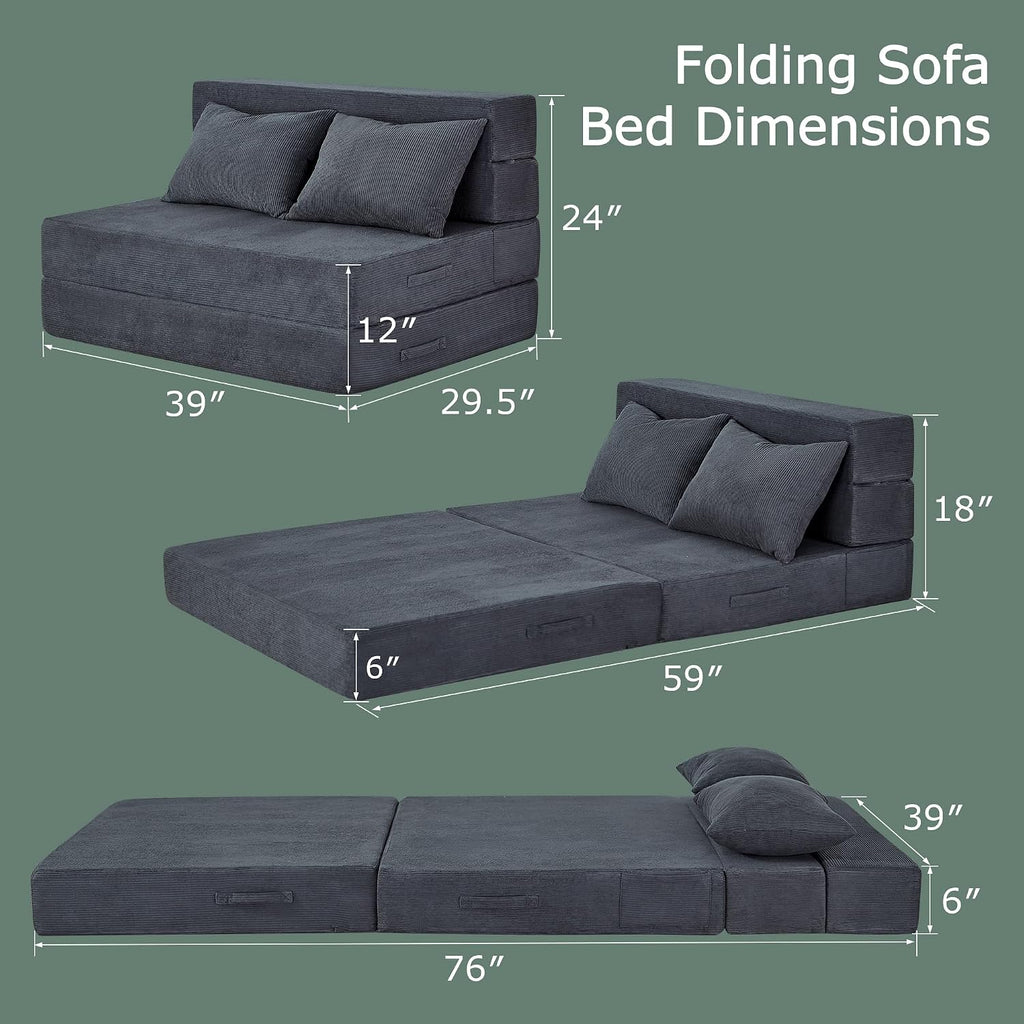Folding Sofa Bed, 4 in 1 Convertible Sleeper Chair with Pillow, Twin Memory Foam Fold Out Chair Bed, Modern Floor Futon Sofa Couch Mattress for Living Room/Guest/Apartment, Dark Grey