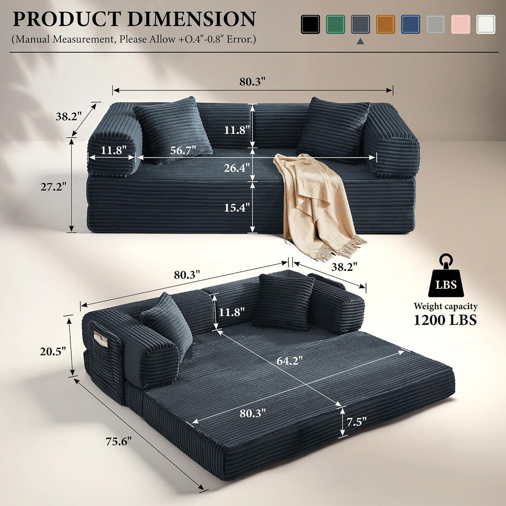 Boneless Couch Futon Sofa Bed Sectional Couches for Living Room,Cloud Couch with Sleeper Sofa,Sofas for Living Room Oversized Corduroy Upholstered (Gray, 81 Inches (with Iron Frame))