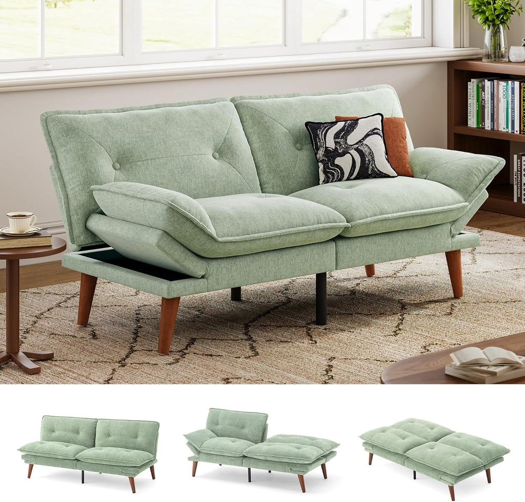 LINSY HOME Futon Sofa Bed, 70' Chenille Futon Couch with Adjustable Backrest Armrest, 3 in 1 Convertible Comfy Loveseat Sleeper Sofa Bed for Small Spaces Dorm Room Apartment Home Office, Light Green