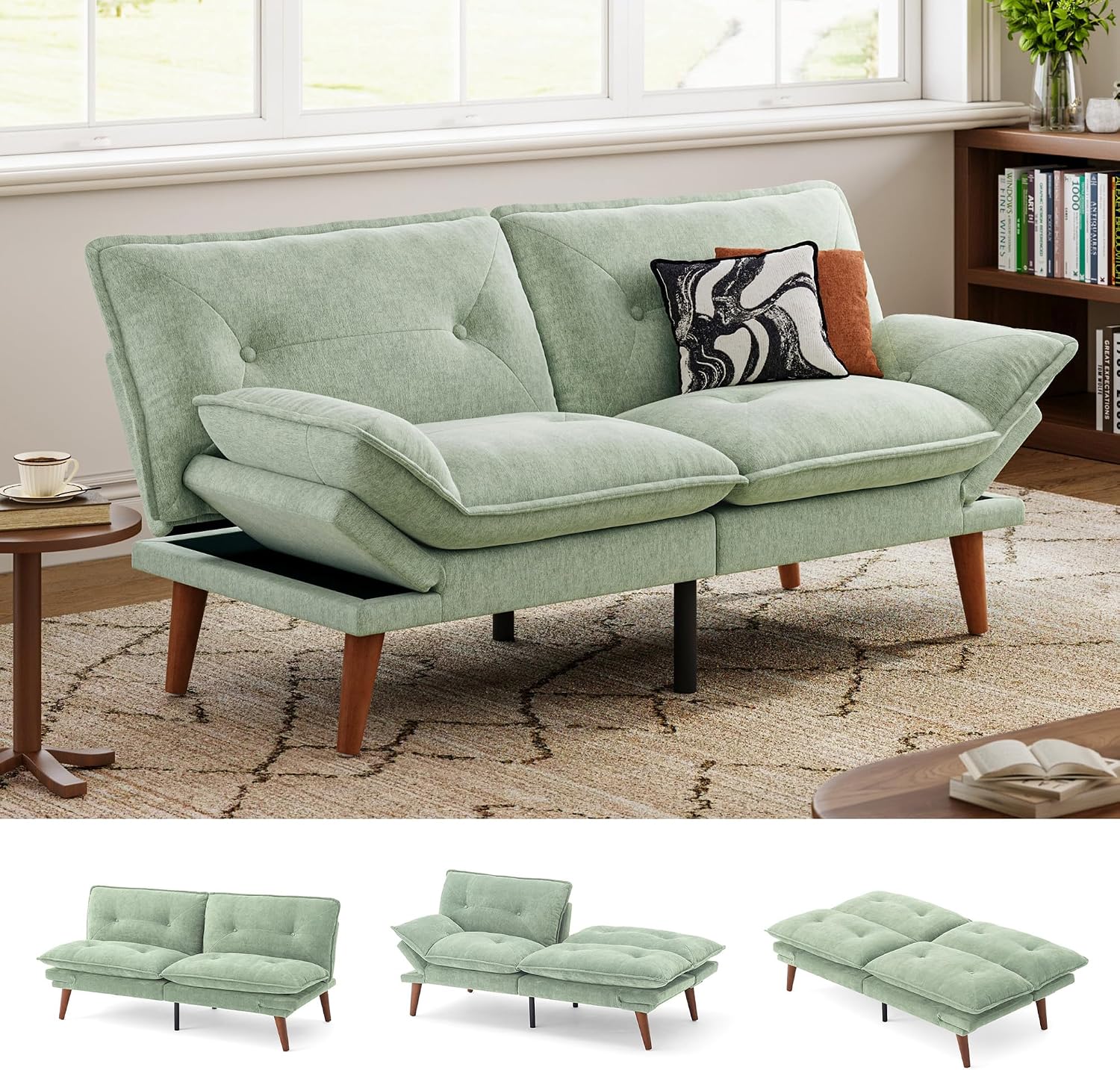 LINSY HOME Futon Sofa Bed, 70' Chenille Futon Couch with Adjustable Backrest Armrest, 3 in 1 Convertible Comfy Loveseat Sleeper Sofa Bed for Small Spaces Dorm Room Apartment Home Office, Light Green