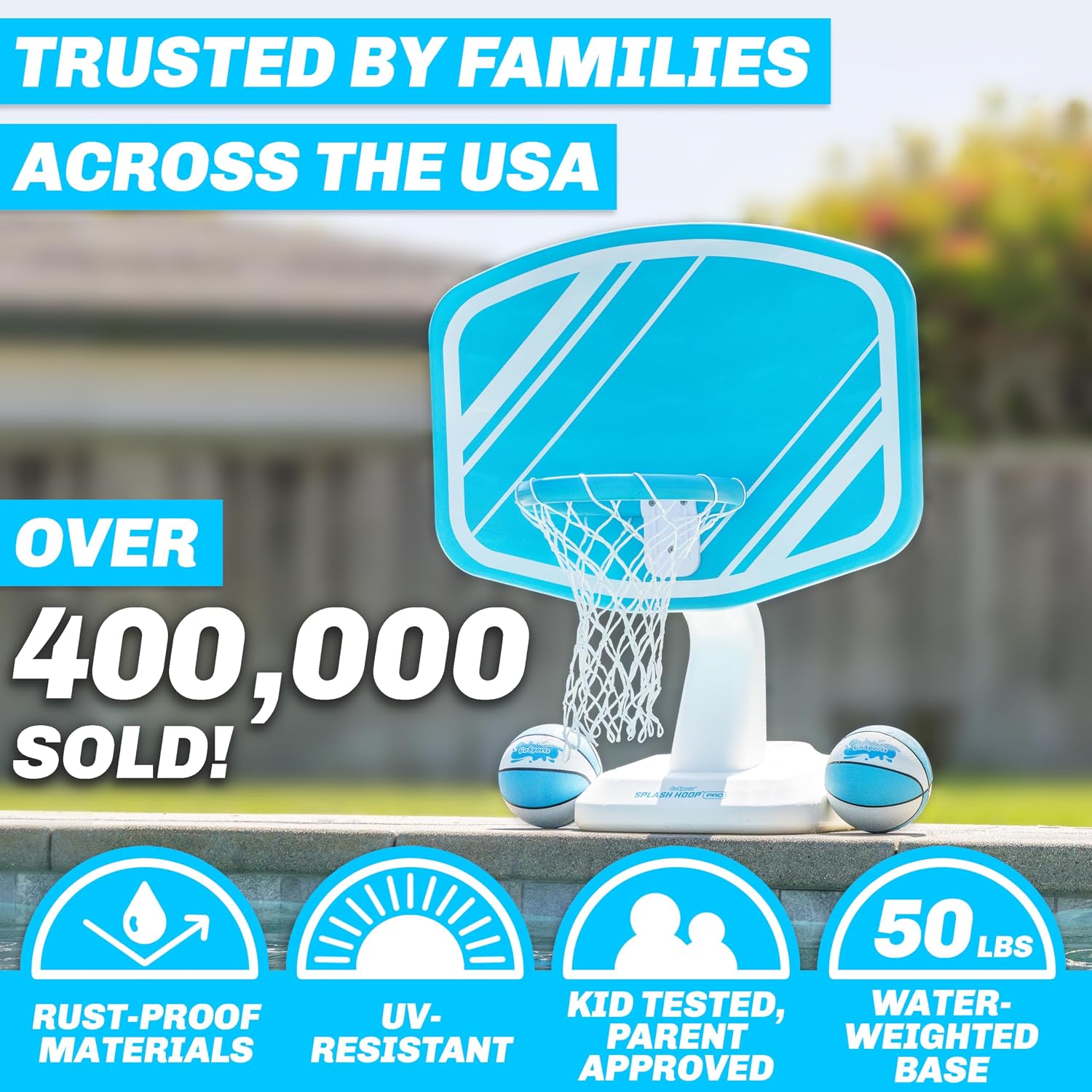 GoSports Splash Hoop PRO - Choose Your Color - Swimming Pool Basketball Game, Includes Poolside Water Basketball Hoop, 2 Balls and Pump