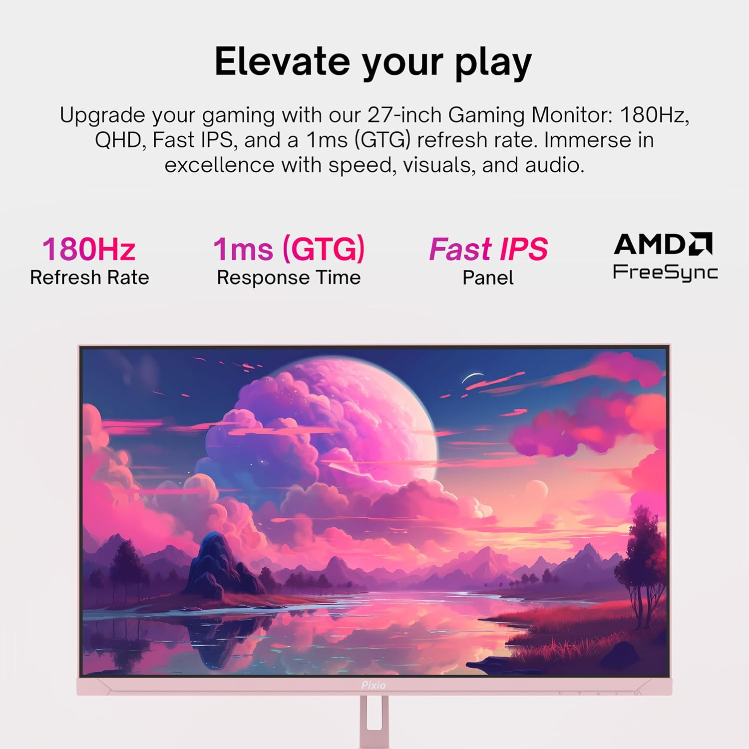 Pixio PX278 Wave Pink 27 inch 180Hz Refresh Rate FHD 1440p Resolution Fast IPS Panel 1ms GTG Response Time Gaming Monitor and PS1S Wave Pink Single Monitor Arm - Fits up to 32 inches and 19.8lbs