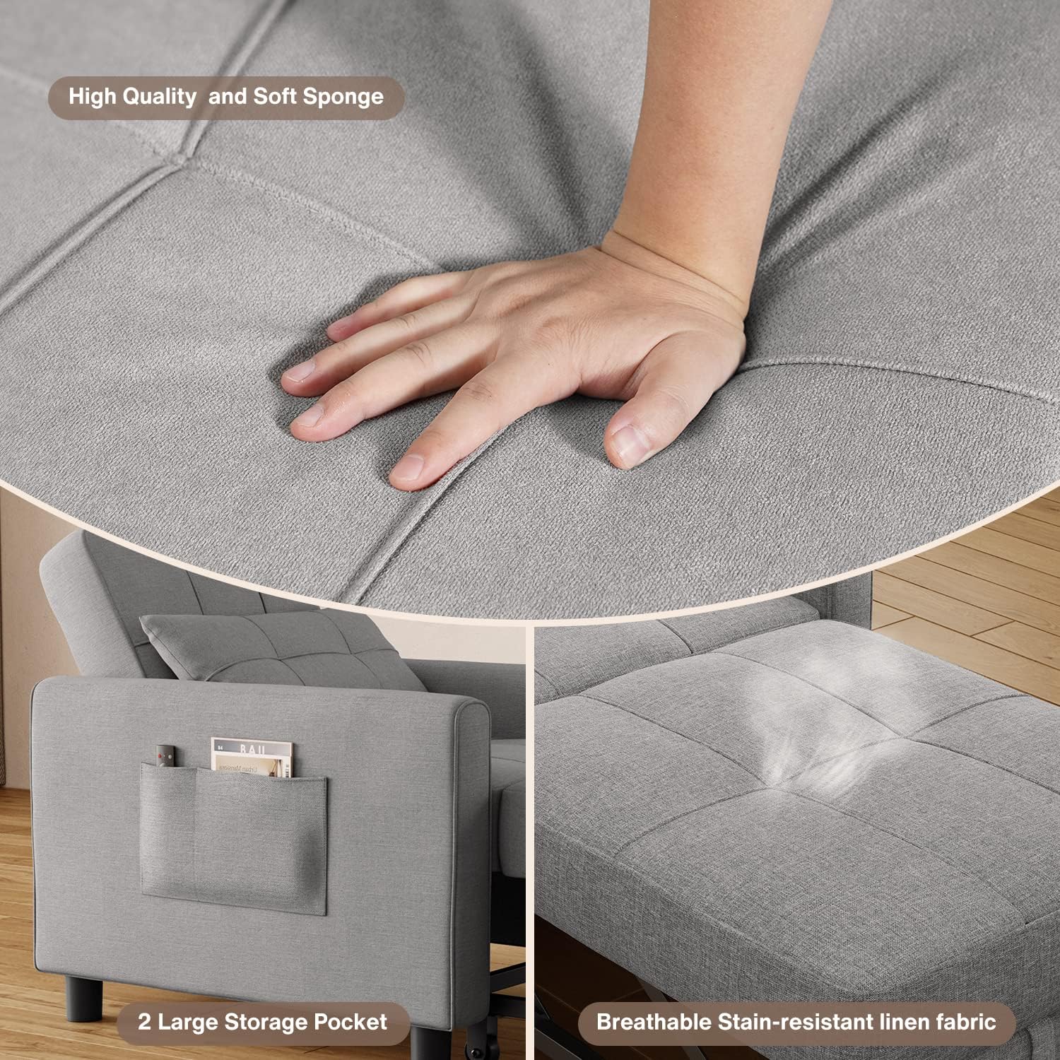 Aiho Convertible Sleeper Chair, 3-in-1 Sofa Bed with Adjustable Design, Pillow & Pocket - Pull Out Sleeper for Apartment, Light Gray