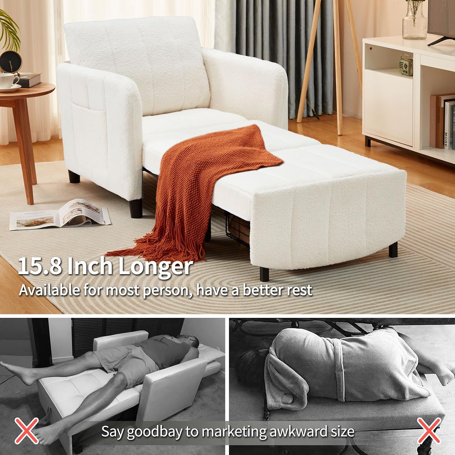 ZZW Sleeper Chair 84' Extra Long Convertible Chair Bed Upgraded 3-in-1 to 4-in-1 Pull Out Chair & Single Sofa Bed for Adult Sleeping Chair for Living Room & Small Space (White)