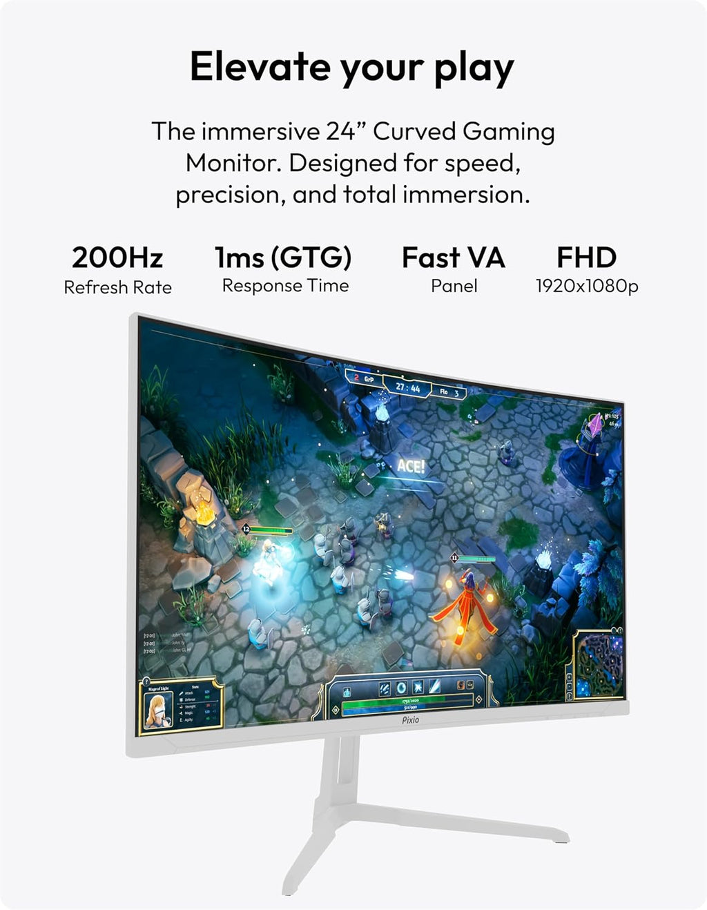 Two Pixio PXC248WAVE White 24 inch 200Hz Refresh Rate FHD 1080p Resolution 1500R Curve Fast VA Panel 1ms GTG Response Time HDR Curved Gaming Monitor and PS1D Wave White Dual Monitor Arm - Fits up to 3
