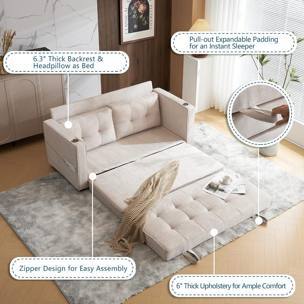 VINGLI Upgraded 64' W 84' L Full Size Futon Sofa Bed, 6' Thick Upholstery Chenille Loveseat Sofa Sleeper Pull Out Couch,Convertible Floor Couch for Living Room, Bedroom, Entertainment Room, Beige