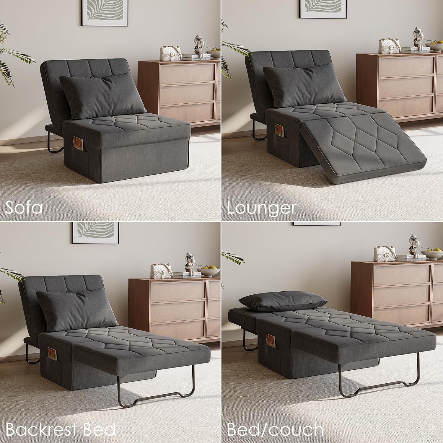 Ottoman Bed with 5-Level Adjustable Backrest, 70' D x 34' W 4-in-1 Convertible Sleeper Chair Bed, Folding Sofa Bed for Living Room, Apartment, Dorm & Small Space, Dark Grey