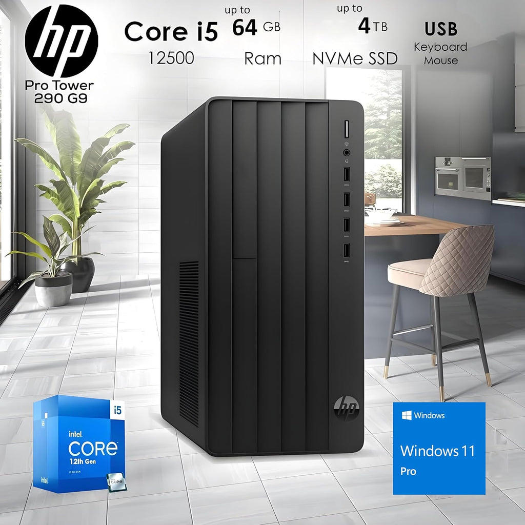 HP Desktop Computer Tower PC - Intel i5-12500T 6-Core, 64GB DDR4 RAM, 2TB PCIe SSD, Windows 11 Home, WiFi, Bluetooth, HDMI, Business Ready with Keyboard Mouse, Jet Black