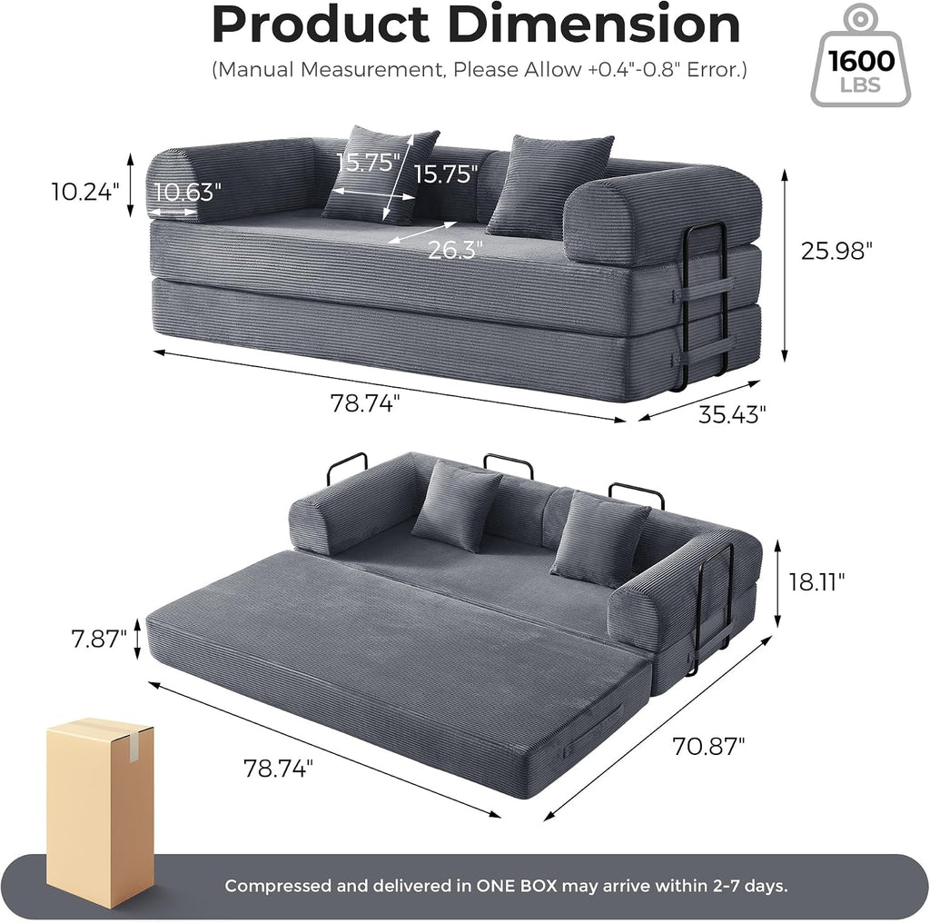 79' 5-in-1 Convertible Sleeper Sofa, No Assembly Fixed Frame Corduroy Couch, High-Density Foam Fold Out Bed for Small Spaces, Living Room, Dorm (Dark Gray)