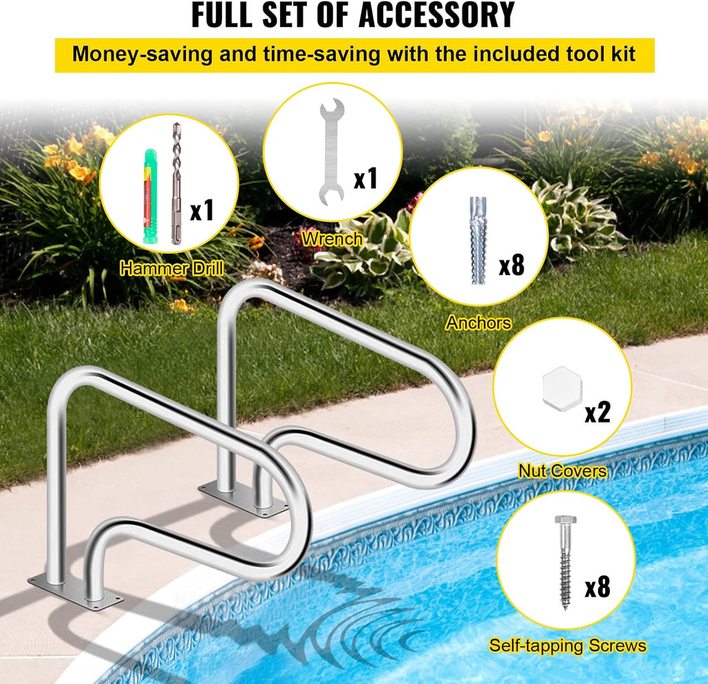 VEVOR Pool Handrail, 32 x 22.5 Swimming Pool Stair Rail, 304 Stainless Steel Stair Pool Hand Rail Rated 375lbs Load Capacity, Pool Rail with Quick Mount Base Plate, and Complete Mounting Accessories