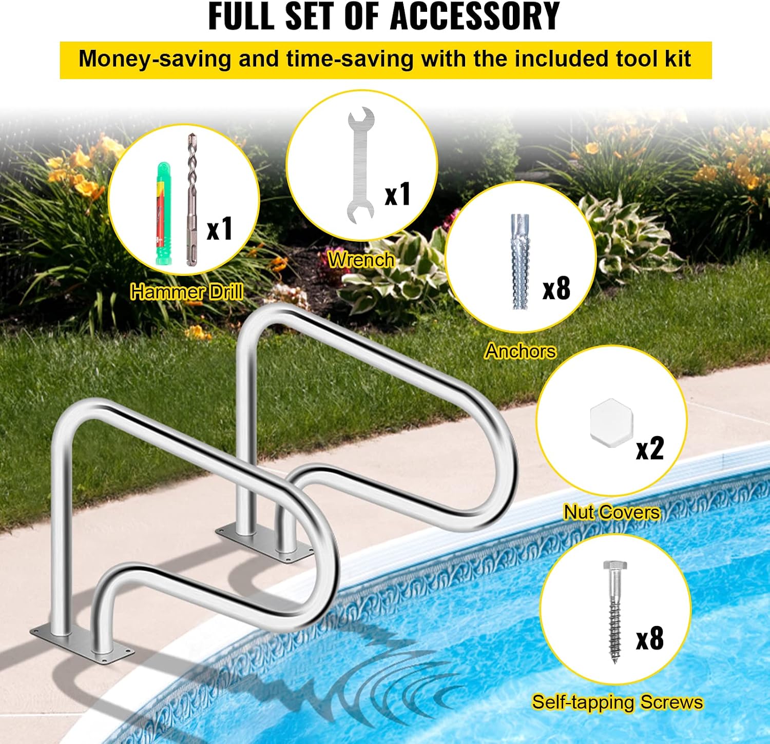 VEVOR Pool Handrail, 32 x 22.5 Swimming Pool Stair Rail, 304 Stainless Steel Stair Pool Hand Rail Rated 375lbs Load Capacity, Pool Rail with Quick Mount Base Plate, and Complete Mounting Accessories