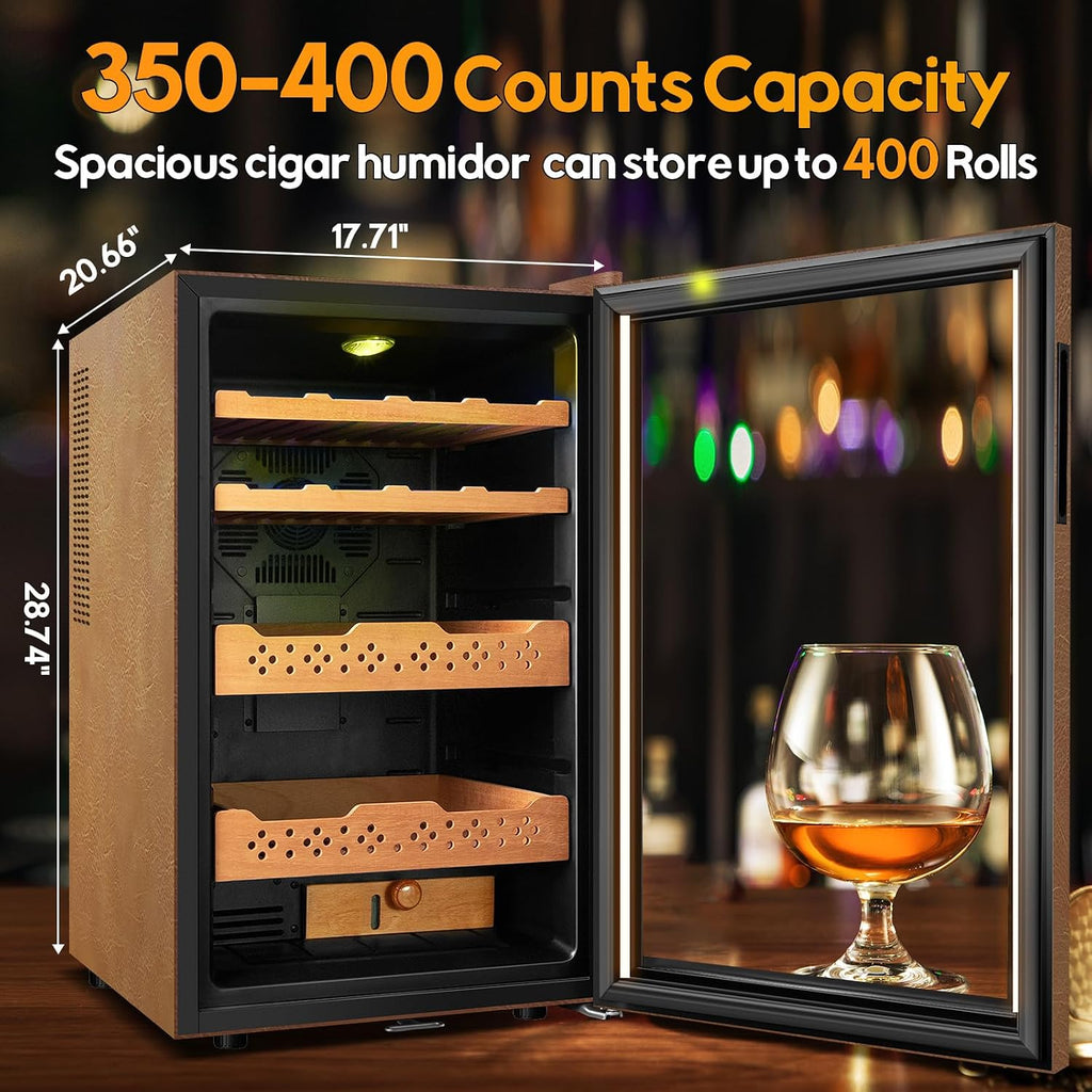 70L Upgraded Electric Humidor, 400 Counts Large Capacity,Thermostatic Electric Cooler Cabinet with Digital LED Screen, Safety Lock,Smart Humidity & Temp Control