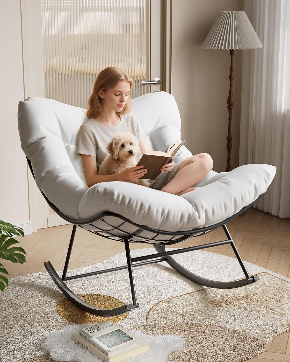 Patio Rocking Chair Indoor and Outdoor, Metal Lounge Rocker with Thick 6'' Cushion,350 Lbs Capacity,White Cushion