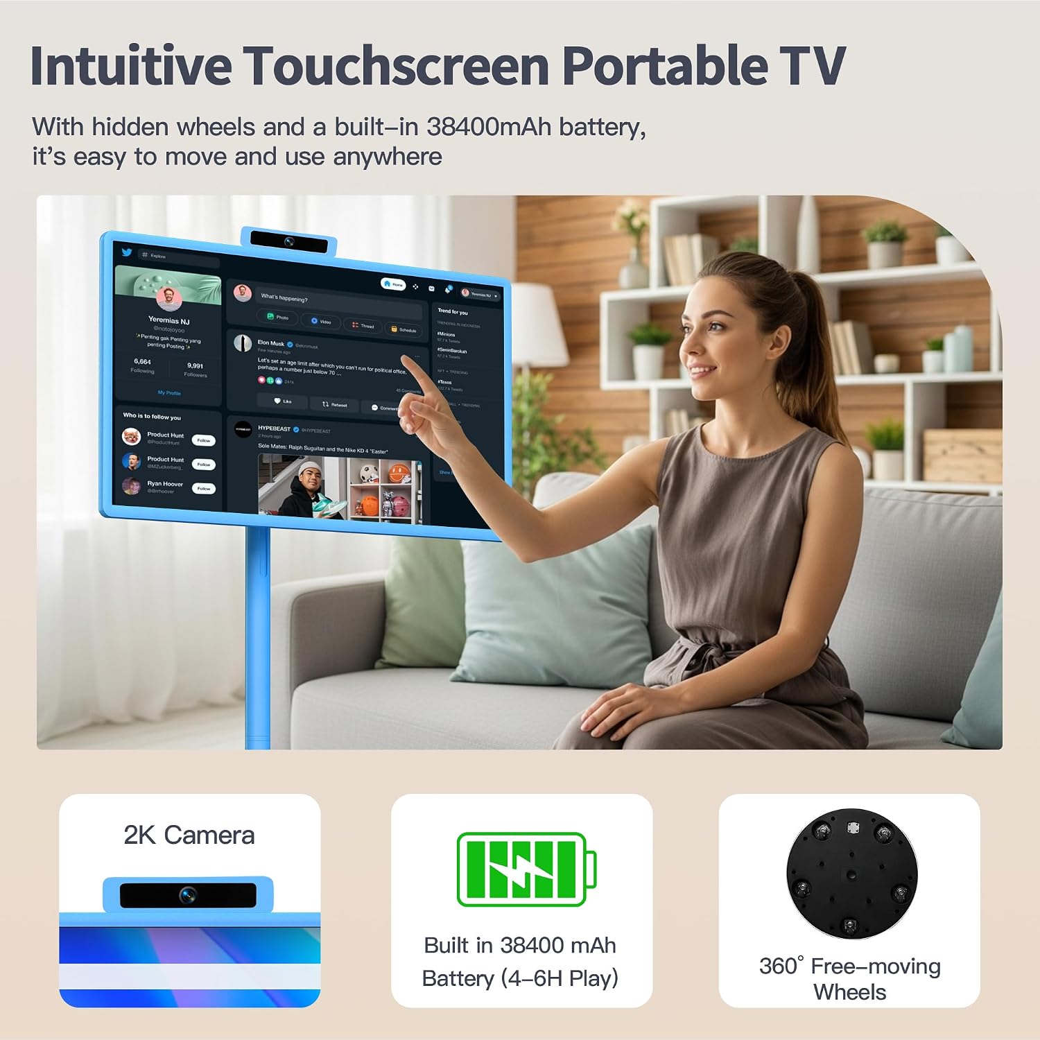 32 Inch Portable Smart TV | 1080P Touch Screen | Android 15 8G+128GB Storage | Movable Monitor on Wheels | 5MP Camera | 38,400 mAh Battery | Voice/Airmouse Remote Control | Versatile Rotatable Display