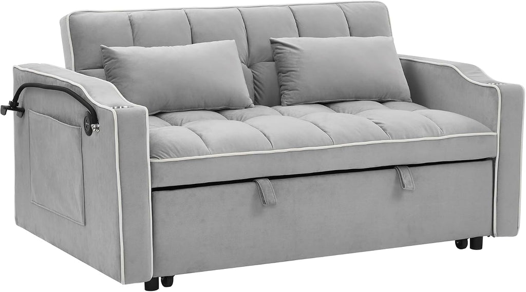 Merax Foldable Sofa Bed with 2 USB Charging Ports, Pull Out Velvet Loveseat Sleeper with Phone Holder, Modern Futon Couch with Cup Holders & Adjustable Backrest for Living Room,Grey