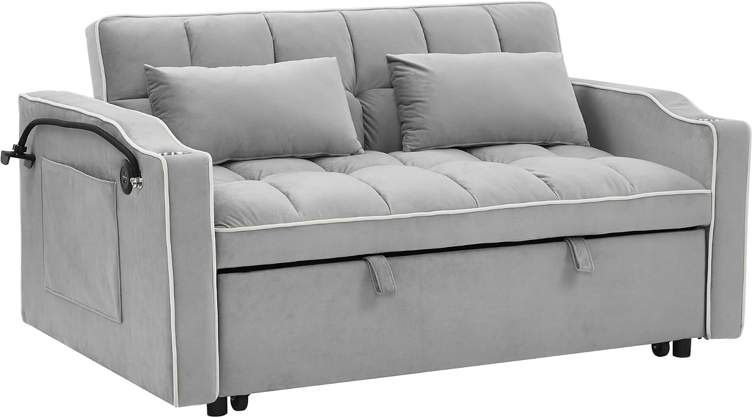 Merax Foldable Sofa Bed with 2 USB Charging Ports, Pull Out Velvet Loveseat Sleeper with Phone Holder, Modern Futon Couch with Cup Holders & Adjustable Backrest for Living Room,Grey