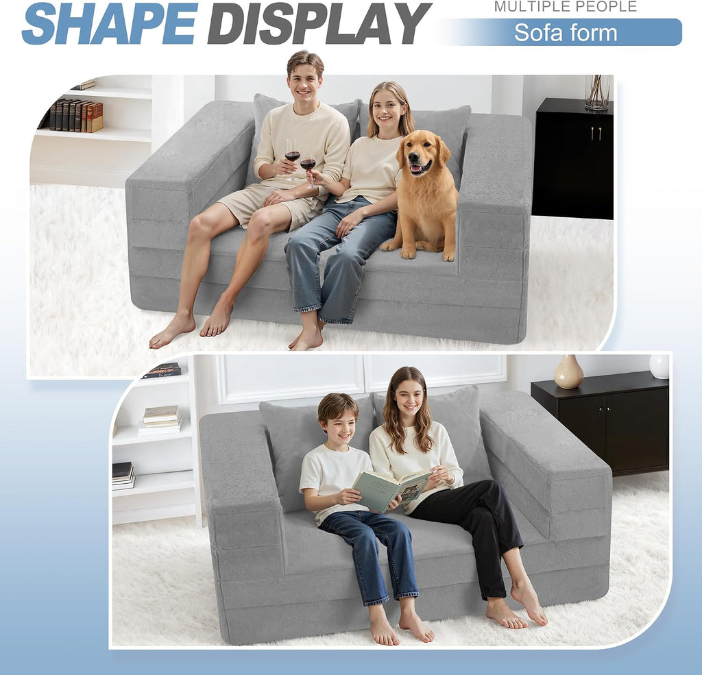 Futon Sofa Bed with Pillow, 3-in-1 Sleeper Sofa Bed with Removable Cover, Convertible Floor Sofa Bed, No Assembly Boneless Couch for Living Room, Bedroom