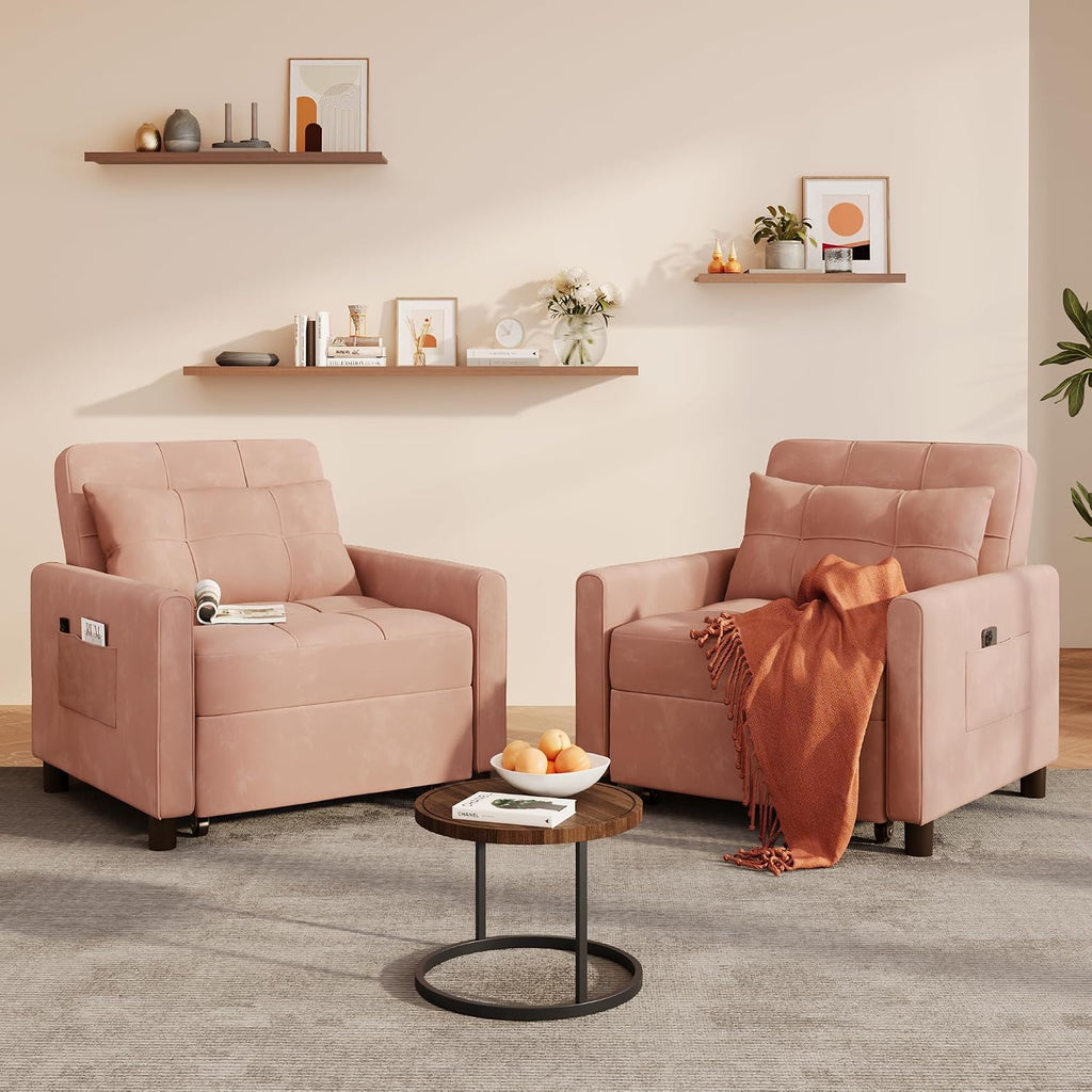 Ahomly Convertible Sleeper Chair Sofa Bed with 3-in-1 Design, Adjustable Backrest, and Storage Pocket for Living Room, Pink
