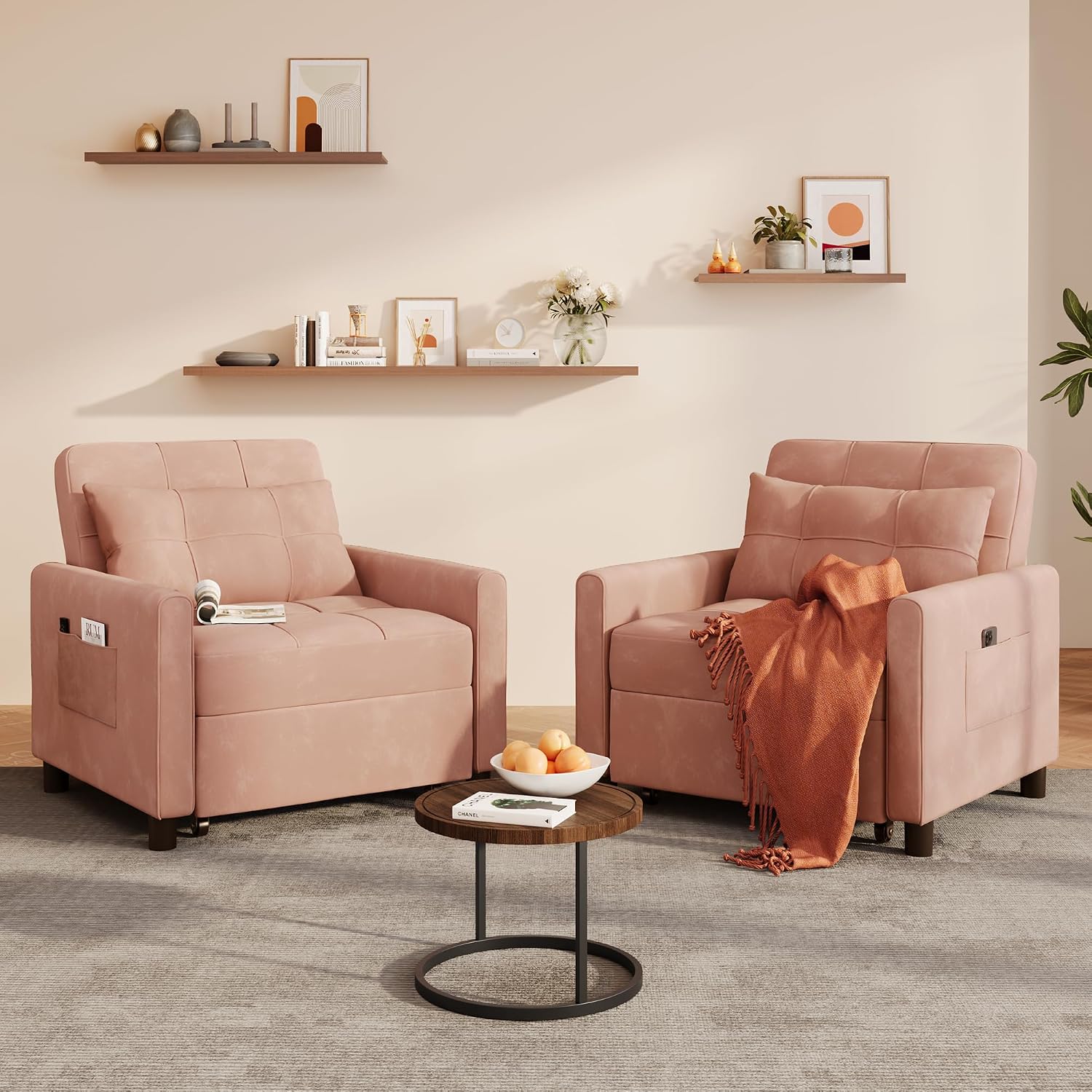 Ahomly Convertible Sleeper Chair Sofa Bed with 3-in-1 Design, Adjustable Backrest, and Storage Pocket for Living Room, Pink
