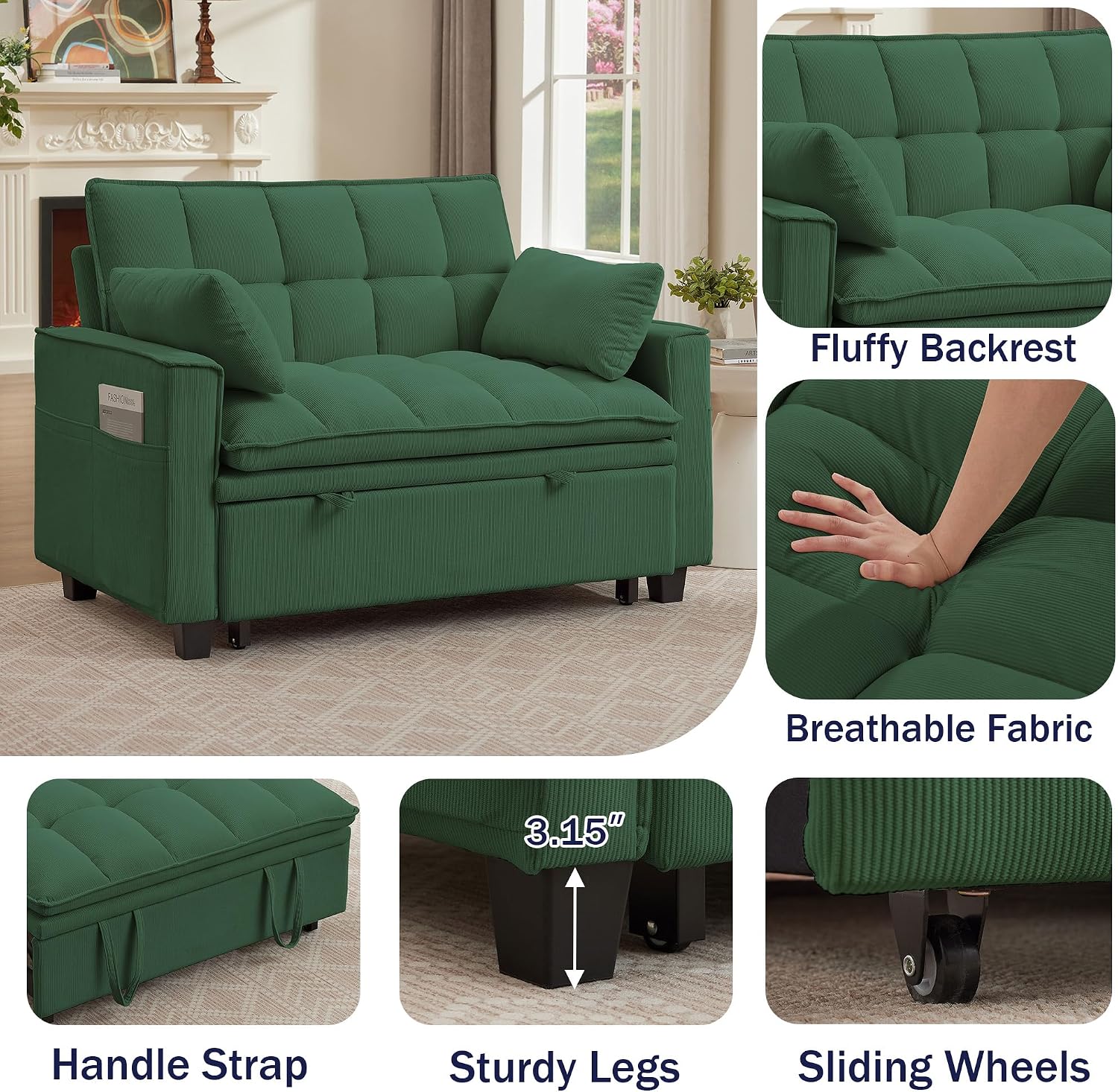 Sleeper Sofa with Pull Out Couch Bed, 48' Convertible Pull-Out Sofa Bed Chair, 3-in-1 Futon Couch with Reclining Backrest and Side Pockets for Living Room Bedroom Apartment, Green