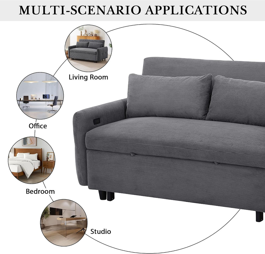 Merax Pull-Out Sofa Bed with Adjustable Backrest and Two Throw Pillows, 2 Seat Loveseat Lounge & Type C and USB Ports, 3 in 1 Convertible Sleeper Couch for Living Room, Dark Grey