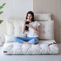 MAXYOYO Folding Sofa Bed, Tufted Bean Bag Bed with Pillows Floor Mattress for Adults, Extra Thick and Long Floor Sofa, Twin Floor Couch Bed for Bedroom Living Room, Beige, 39x91 Inch
