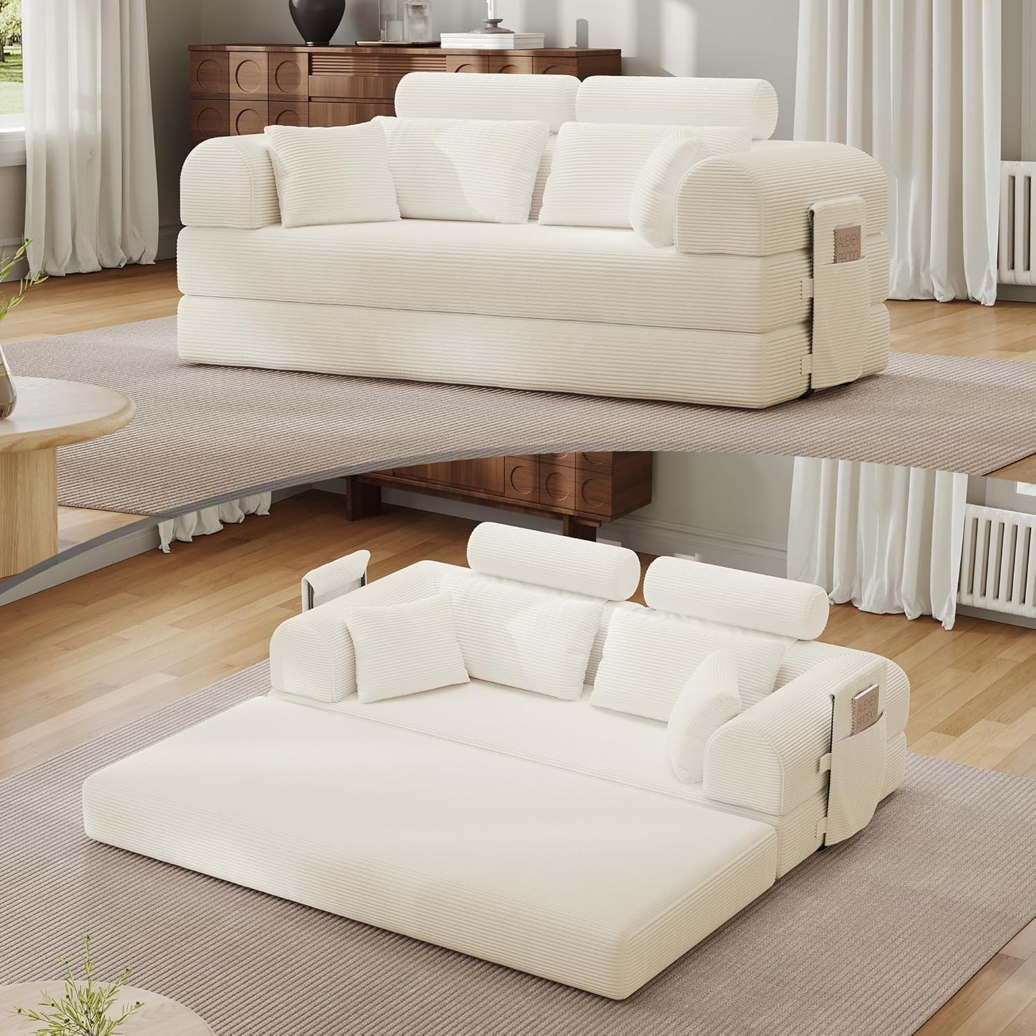 Upgraded 79' High Backrest Sofa Bed with Fixed Frame, Corduroy Fabric Convertible Couch for Small Spaces, Removable Armrests & Backrest, No Assembly Required (Beige White)