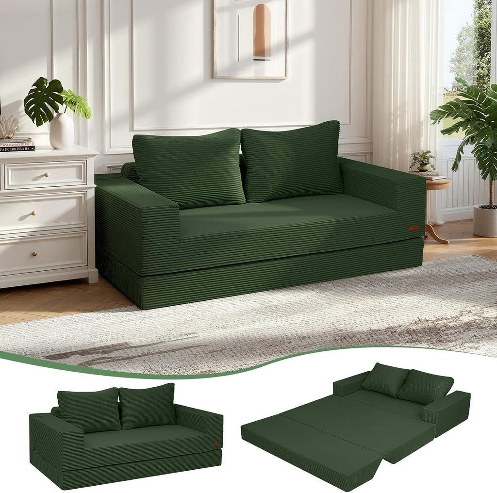 COMAX Convertible Sofa Bed Queen, Corduroy Folding Floor Couch Pull Out Couch Bed Futon Sleeper with Pillows, Fold Out Boneless Sofa Comfy Lounge Mattress Loveseat for Living Room Bedroom, Green