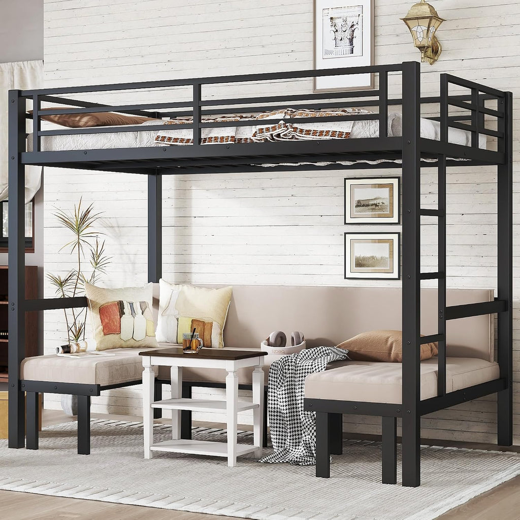 Harper & Bright Designs Full Over Full Bunk Bed Frame for Adults, Heavy Duty Metal Bunk Bed with U-Shaped Sofa, Safety Rails and Side Ladder, Industrial Bunk Beds for Space-Saving, Black