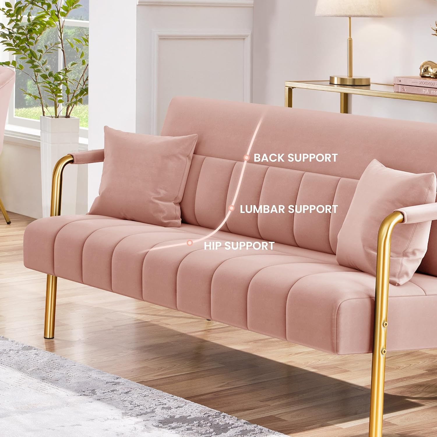 Yaheetech 56.5' W Modern Sofa Small Sofa Luxurious Velvet Fabric Couch with Gold-Tone Metal Arms and Legs for Living Room, Home Office, Studio Pink