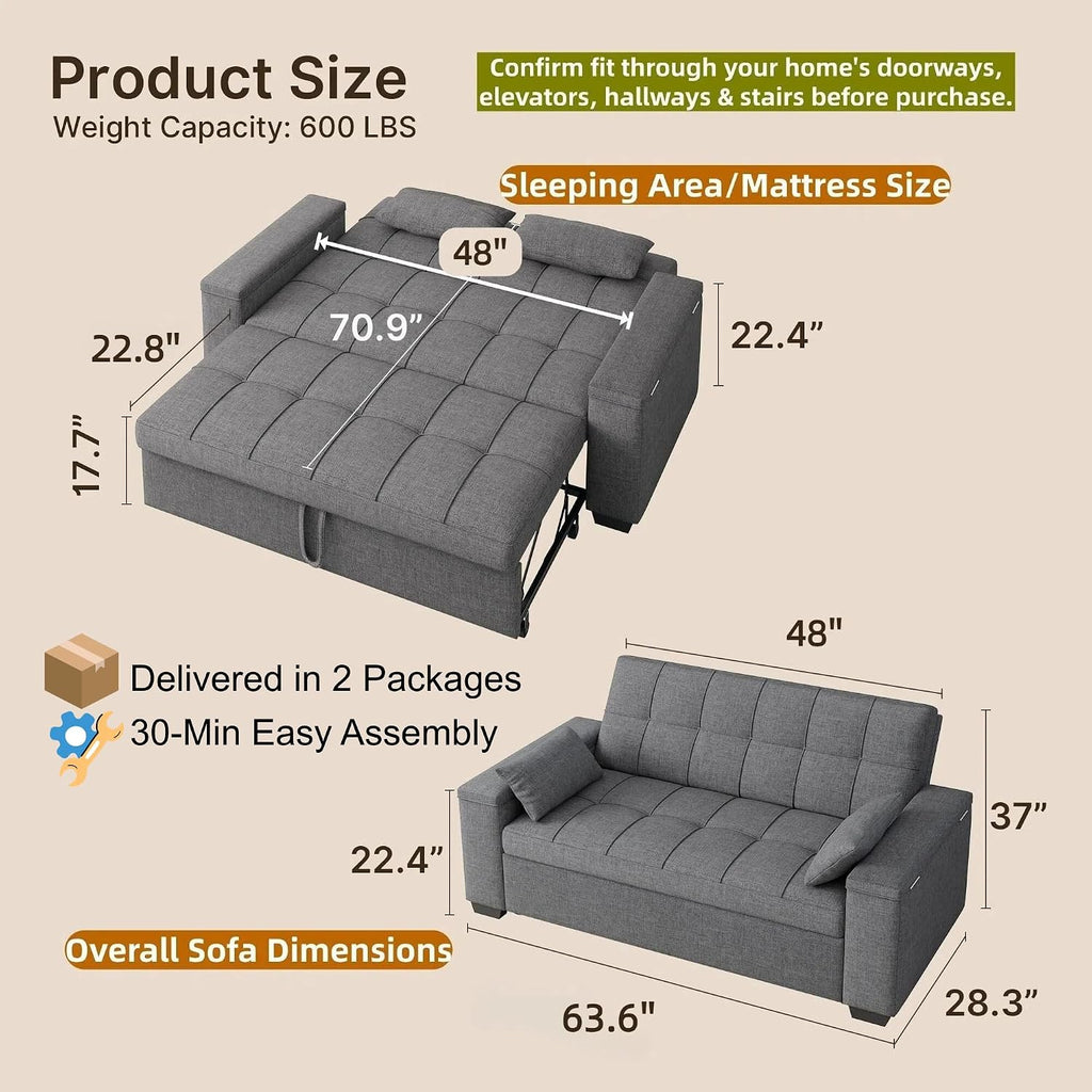 Gizoon 3 in 1 Convertible Sofa Bed, 63.6'' Pull Out Couch with Storage Armrests, Sofa Cama, Adjustable Backrest & Pockets, Linen Loveseat Sleeper for Small Apartment Living Room, Dark Grey