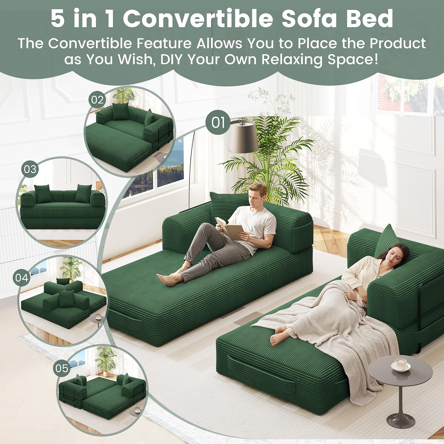 80' Convertible Sofa Bed, 5 in 1 Modular Boneless Couch Sleeper Sofa Bed with Fixed Frame & Removable Backrest Pillow, Washable Corduroy Futon Sofa Bed Couch in a Box for Small Spaces, Dark Green