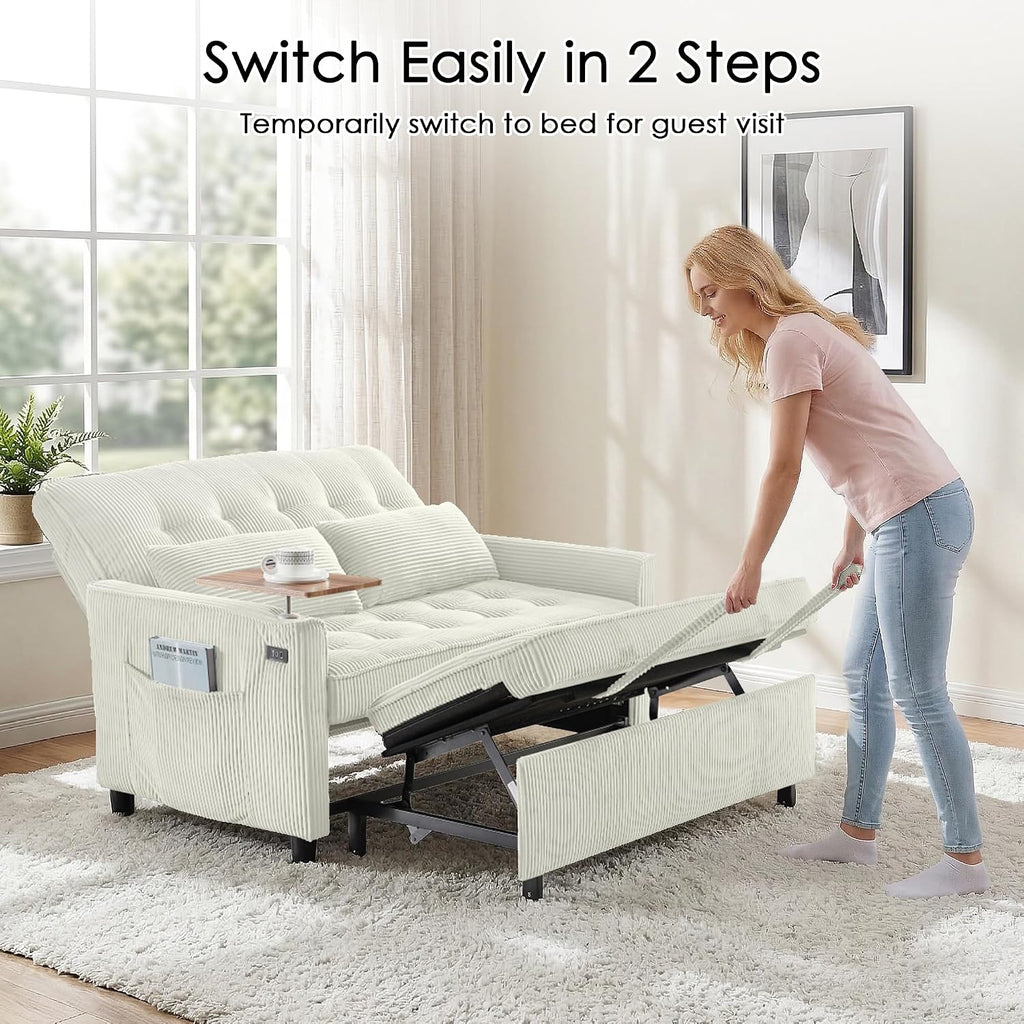 Sleeper Sofa Bed, 54'' Convertible Pull Out Couch with Small Table| USB Port | Stand Table | Corduroy Fabric | Adjustable Backrest for Apartment, Office, Bedroom, Guest Room (Beige)