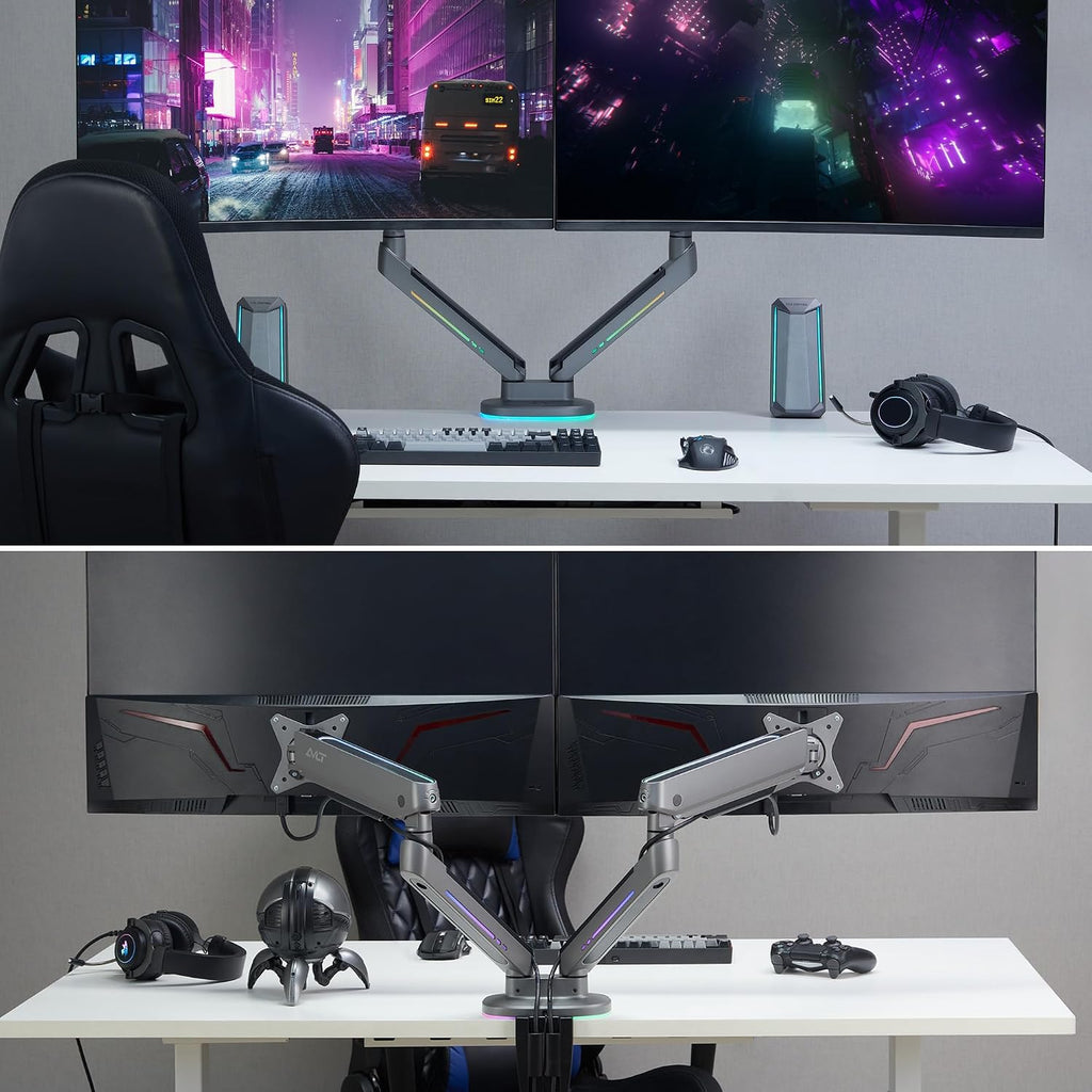 AVLT Dual 27'-43' RGB Gaming Monitor Arm Desk Mount Built-in 20 Lighting Modes Touch Button Control Fits Flat/Curved/Ultrawide Screen Height Swivel Tilt Rotation Adjustable Monitor Stand -Dark Gray