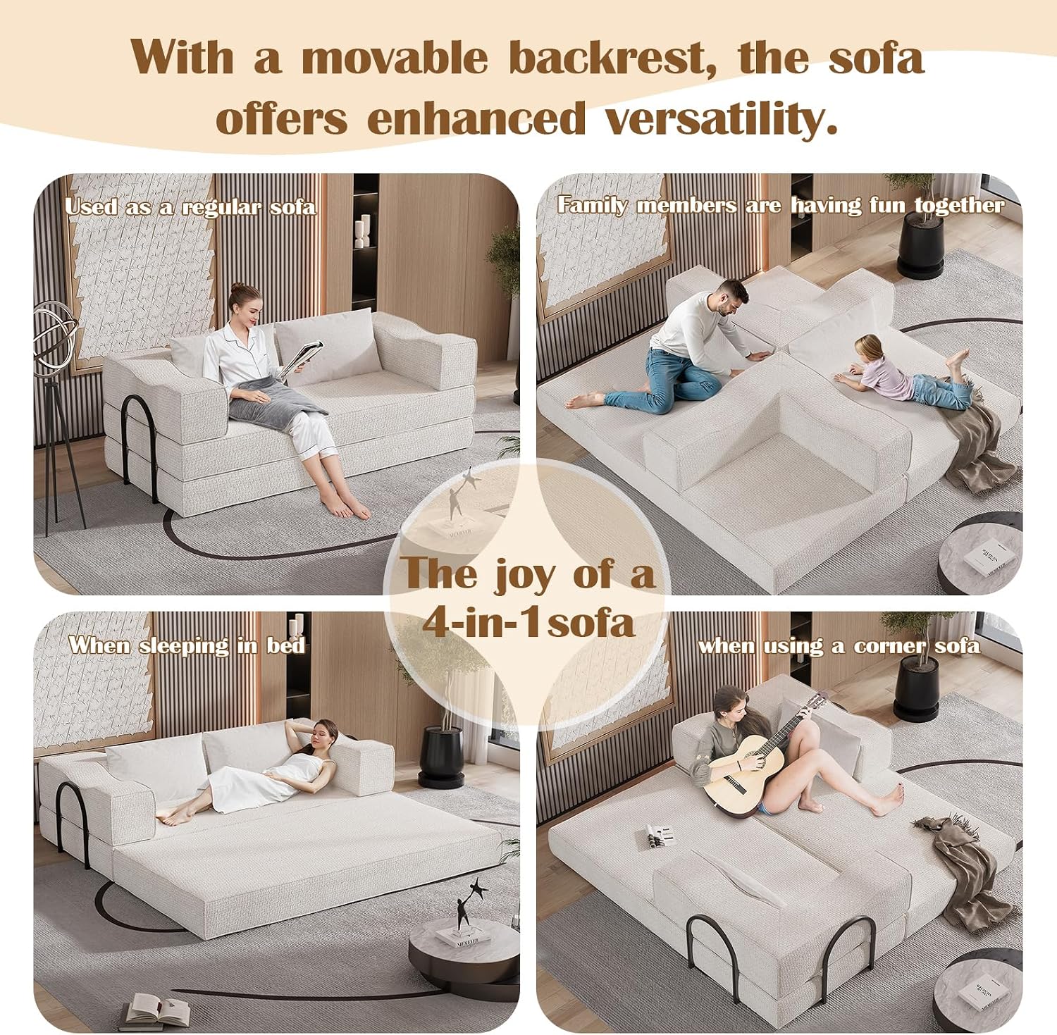 80' Convertible Folding Sofa Bed, 4-in-1 DIY Combination Fold Out Sleeper Sofa Bed King Size, Loveseat sleeper Couch w/ Removable Armrests, Chenille Floor Couch, Small couches for small spaces (Beige)